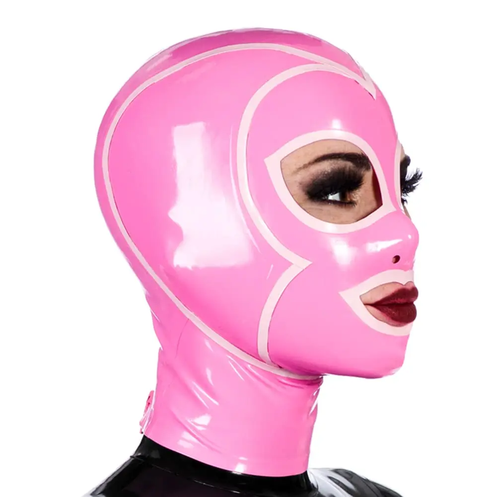 Latex Hood Mask Holiday Leila Hood Pink and White Strips Decorated Big Mouth with Zipper Party Latex Mask