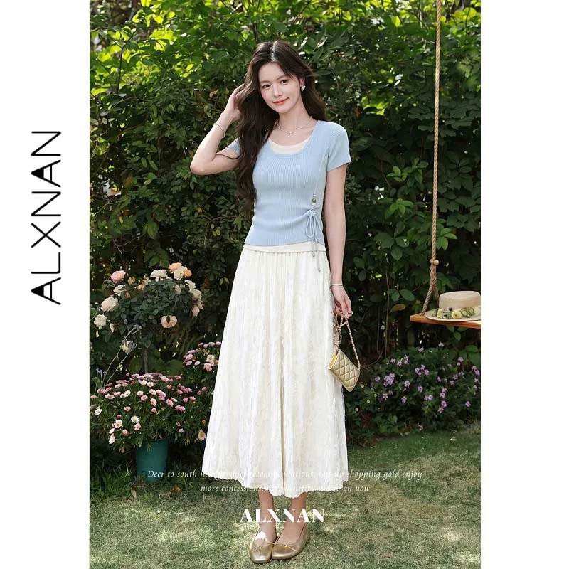 ALXNAN Light Blue Fake Two Piece Knit T-shirt Women Side Drawstring Waist Short Sleeve Top Elegant Summer New Female Tee L66089A