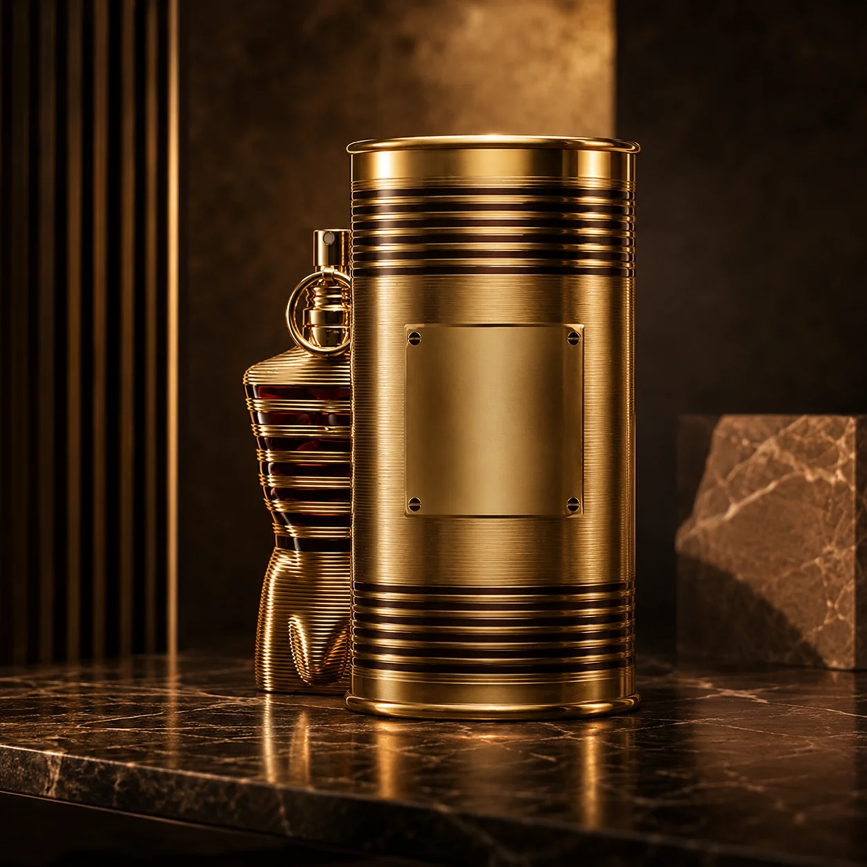 

Luxury Gold Torso Men Cologne Full Mirror Metallic Gold Striped Sculpted Bottle Gold Ring Accent Cap Intense Warm Vanilla Amber Woody Scent Premium Ribbed Gold Cylindrical Coordinated Gift Tube For Evening Men Formal Wear