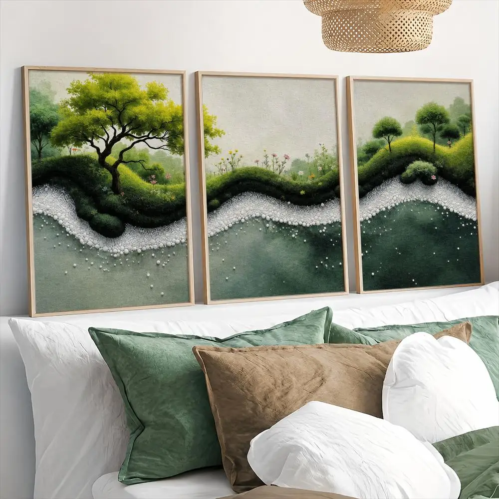 Green Moss Garden Pebble Landscape Painting Calligraphy Canvas Poster Set Wall Art Print for Living Room Bedroom Home Decor