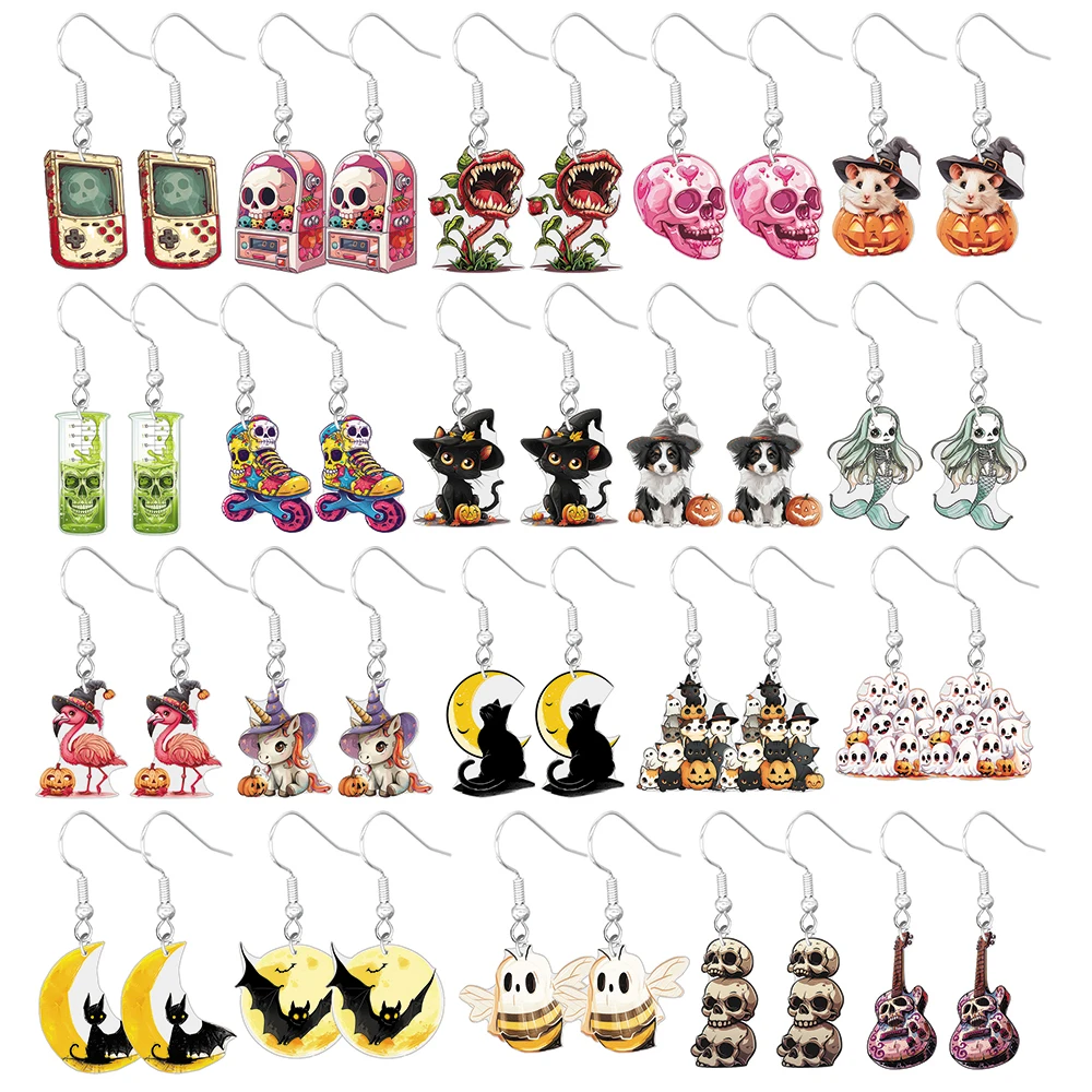 Boucles d'oreilles Halloween en acrylique pour femme, animal de dessin animé amusant, OJ, mignon, crâne, Aliments, chat, fantôme, squelette, animal, Aliments, lune, chauve-souris, modules