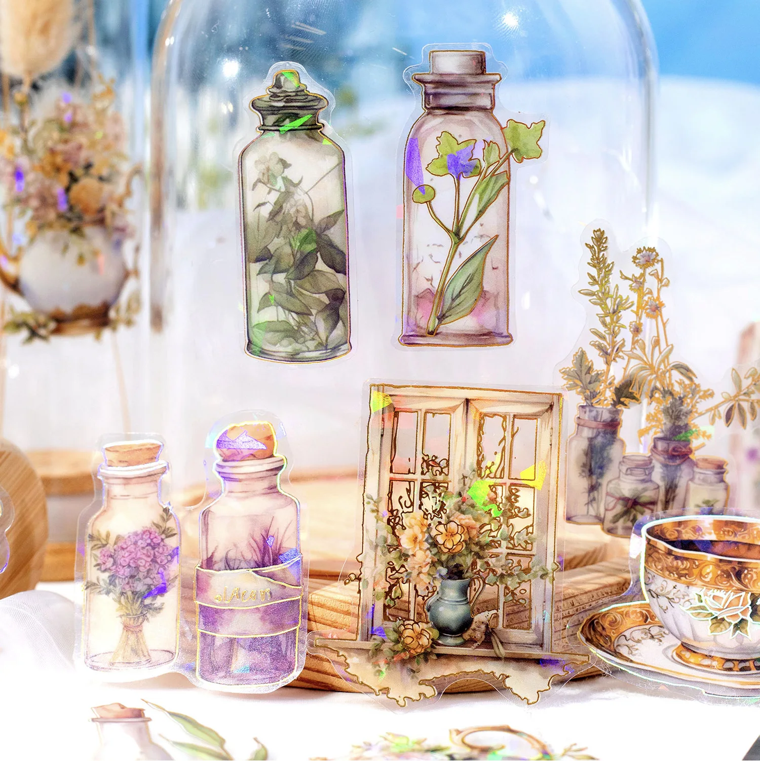 30 PCS/Pack Glowing Garden Series PET Sticker Pack, Gold Foil Stamping Shell Glitter Effect Journal Collage Supplies