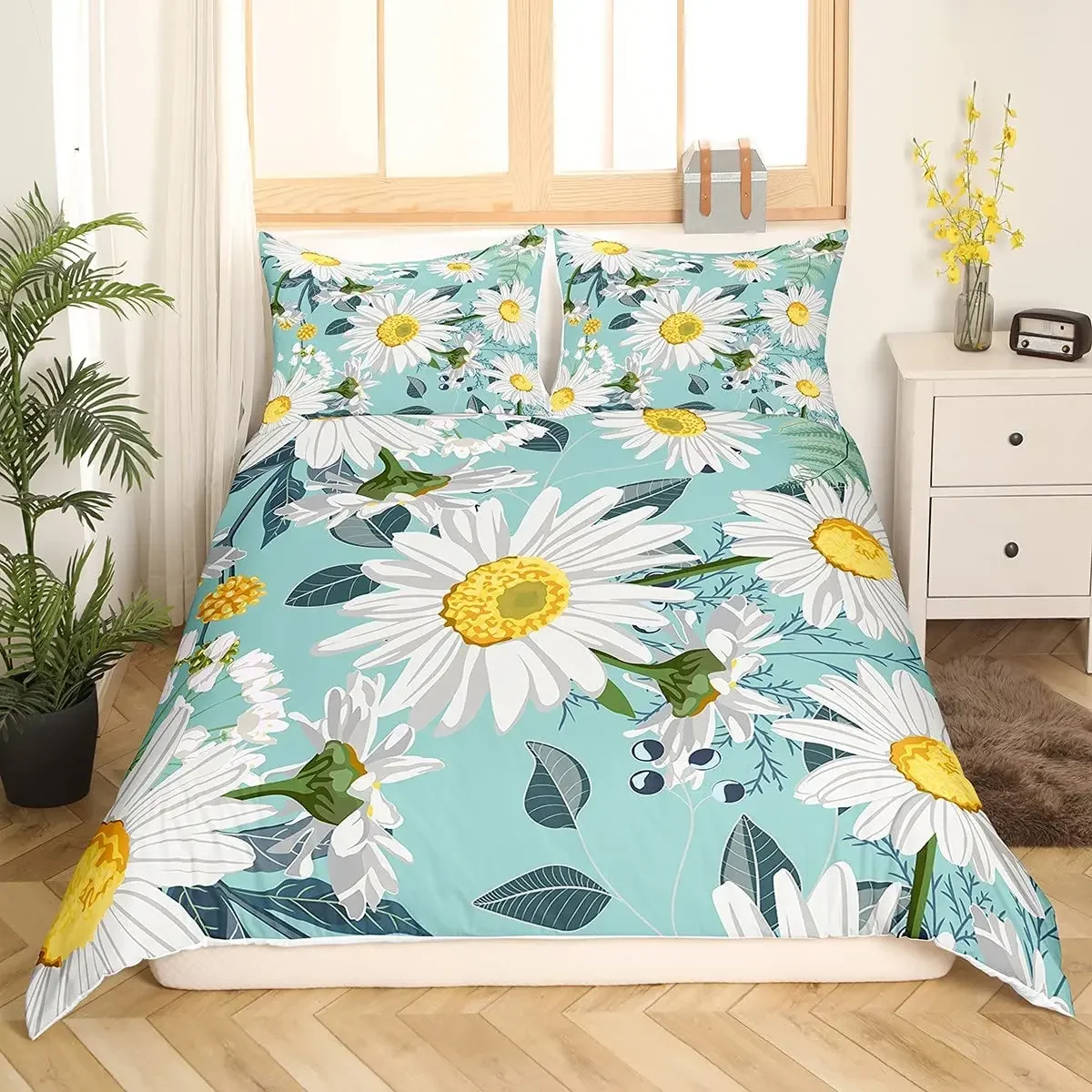 Yellow Daisy Duvet Cover Set Cute Floral Bedding Set for Kids Child Girls Garden Flowers King Comforter Cover with Pillowcase