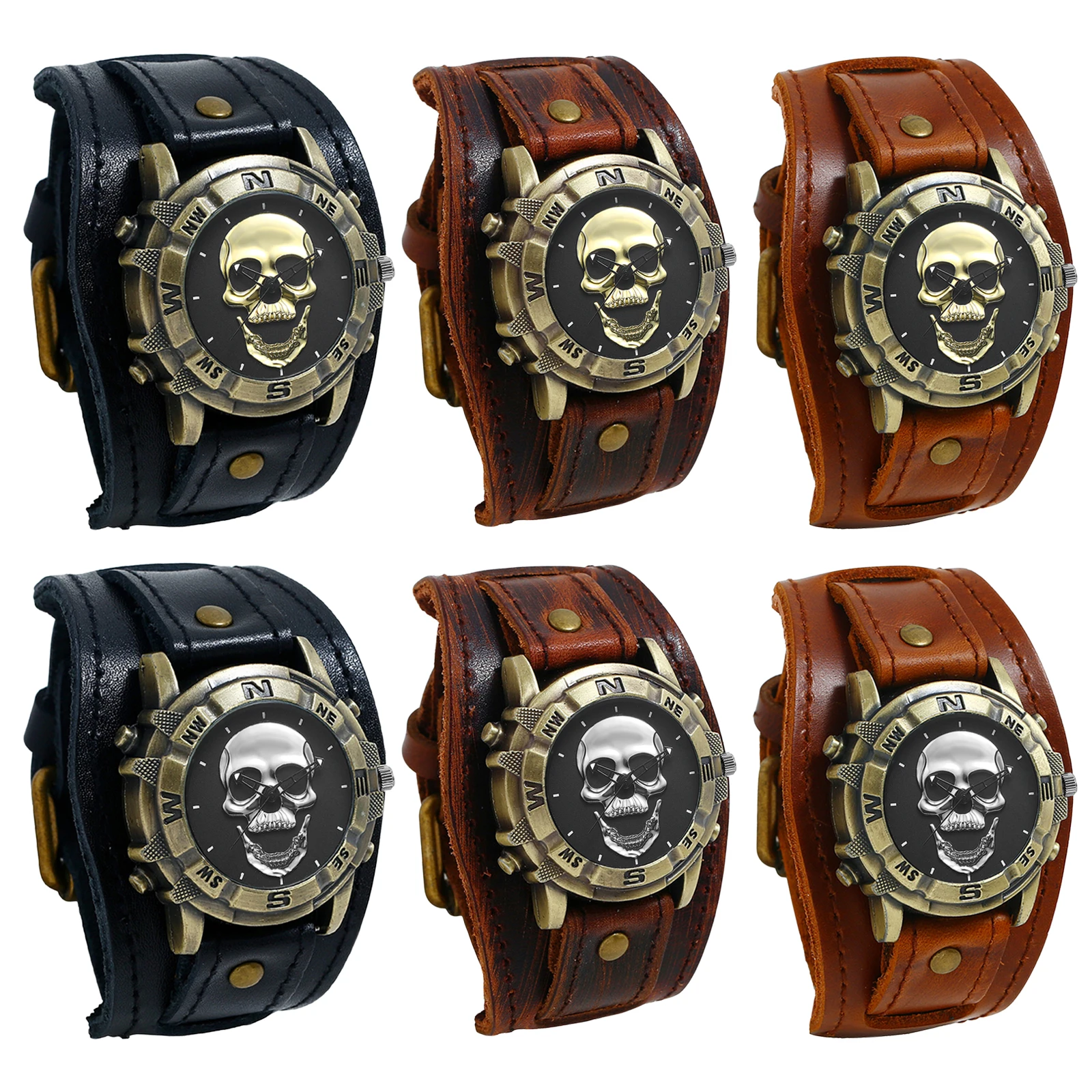 LANCARDO Heren analoog quartz horloge Halloween Punk motorfiets lederen horloge Retro sport casual breed lederen horloge skelet decor