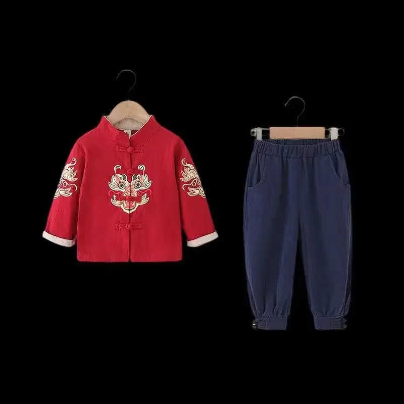 الصيف النمط الصيني القطن الكتان الأحمر التنين التطريز تانغ دعوى الفتيان الفتيات أزياء الطفل السنة الجديدة الملابس تاي تشي الملابس