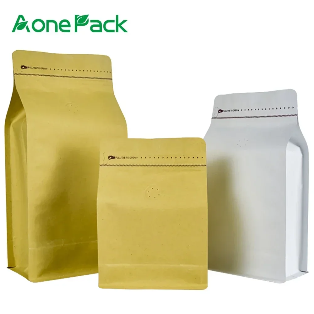 100PCS Custom Logo Packaging Block Bottom Pouch Resealable Zipper Kraft Paper 250g Coffee Bag Mylar Ziplock Food Storage Bags