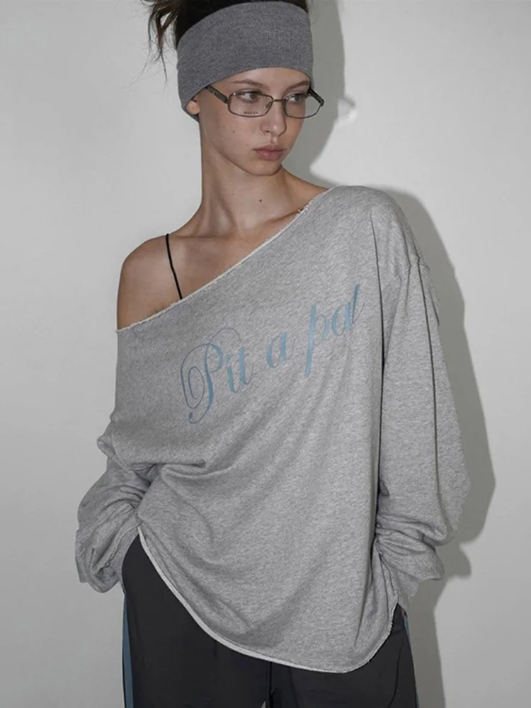 

Skew Collar Letter Printed Loose Hoodies For Women Simple Casual Pullover Autumn Winter All-match Oversized Sweatshirts