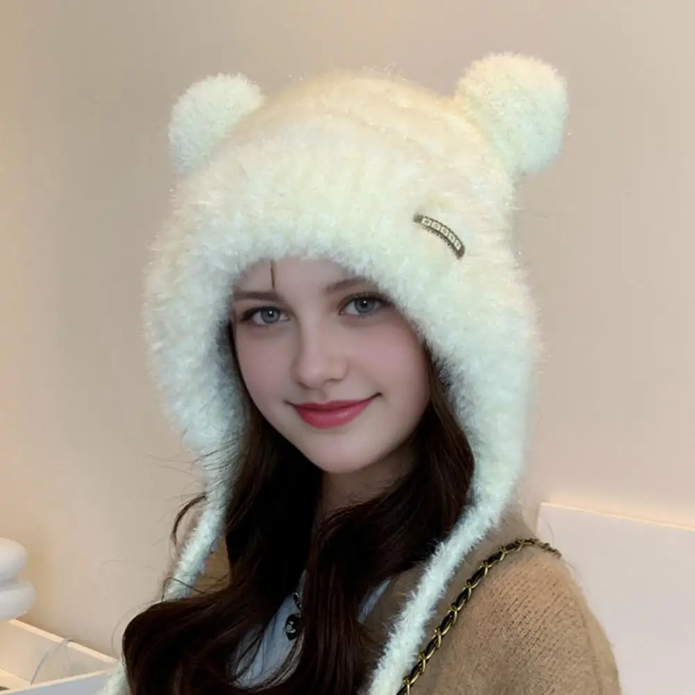 Winter Warm Knit Hat Winter Plush Knitted Hat for Women with Bear Ears Elastic Thermal Cap Soft Windproof for Weather for Winter