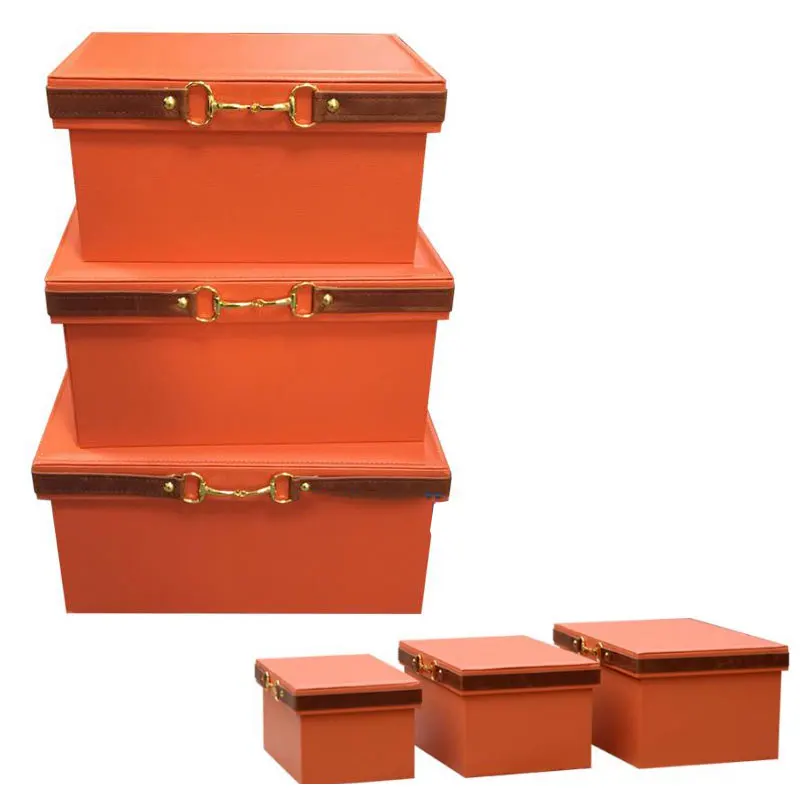 Luxury  Pu Leather Orange Storage Bins Colorful Storage Box  Organizer Containers Baskets with Cover Handles 