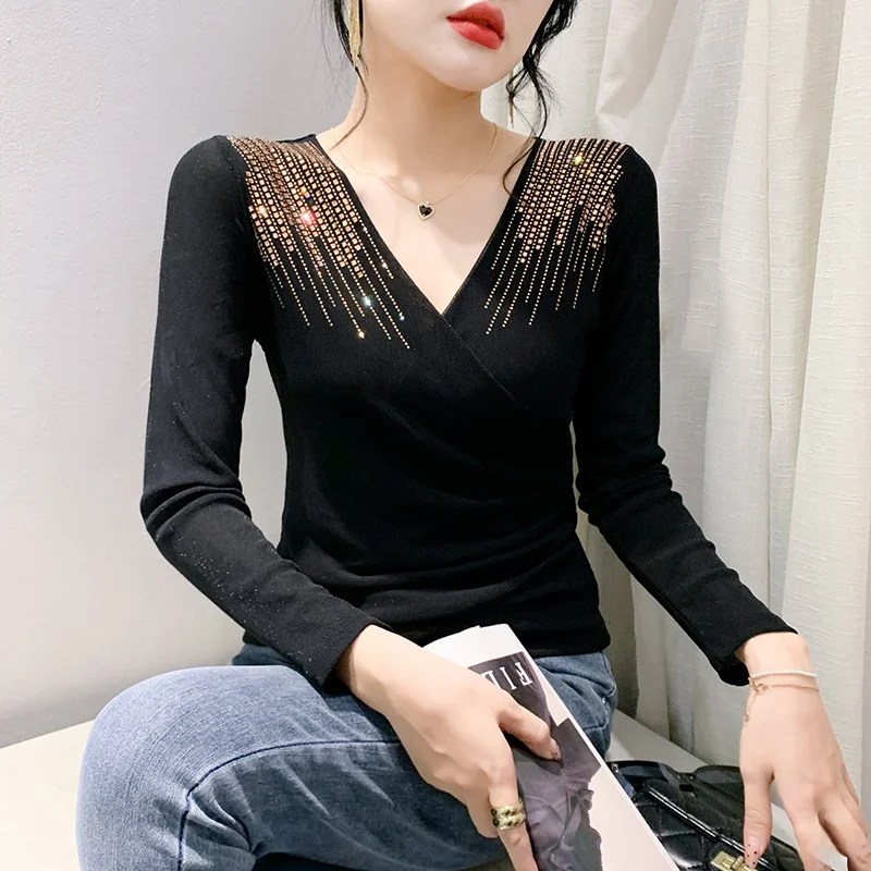 여성용 페이셔너블 미 베이스, 화려한 V넥 크로스 디자인, 슬림핏, 엘레 탑, 스트리트 스타일, 가을 겨울용