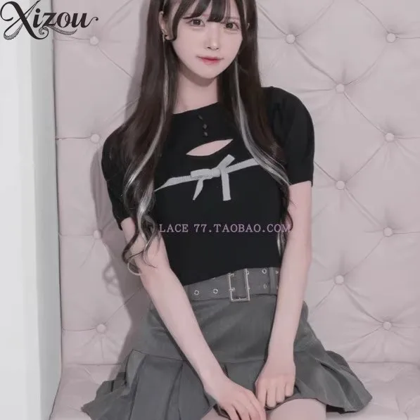 

Двухсекционная трикотажная футболка для девочек, летняя женская футболка в японском стиле с бантом, трехмерная тканая майка с короткими рукавами