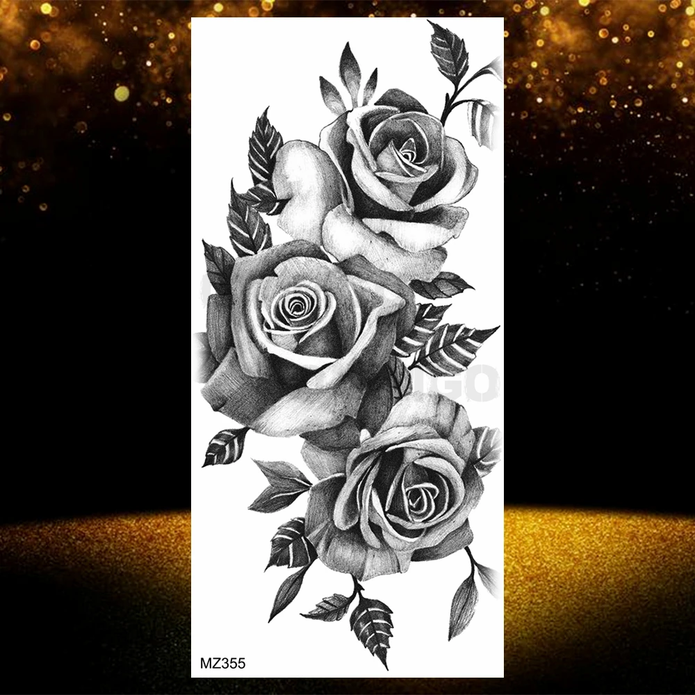 Realistic Black Rose Flower Temporary Tattoos Fake Waterproof Tatoo Body Art Arm Leg Floral Peony Bloosom Tattoo Stickers Makeup