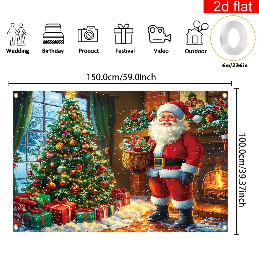1 لافتة خلفية للتصوير الفوتوغرافي لعيد الميلاد المجيد - تصميم سانتا كلوز وشجرة عيد الميلاد، مع 4 فتحات لسهولة التعليق #3