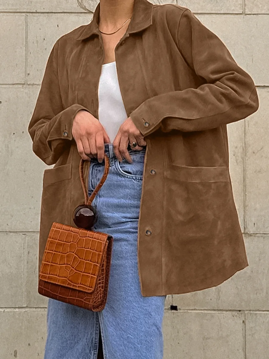 Woman Chic Brown Lapel With Pocket Suede Jacket Vintage Single Breasted Long Sleeve Short Coat Autumn Lady High Street Outerwear