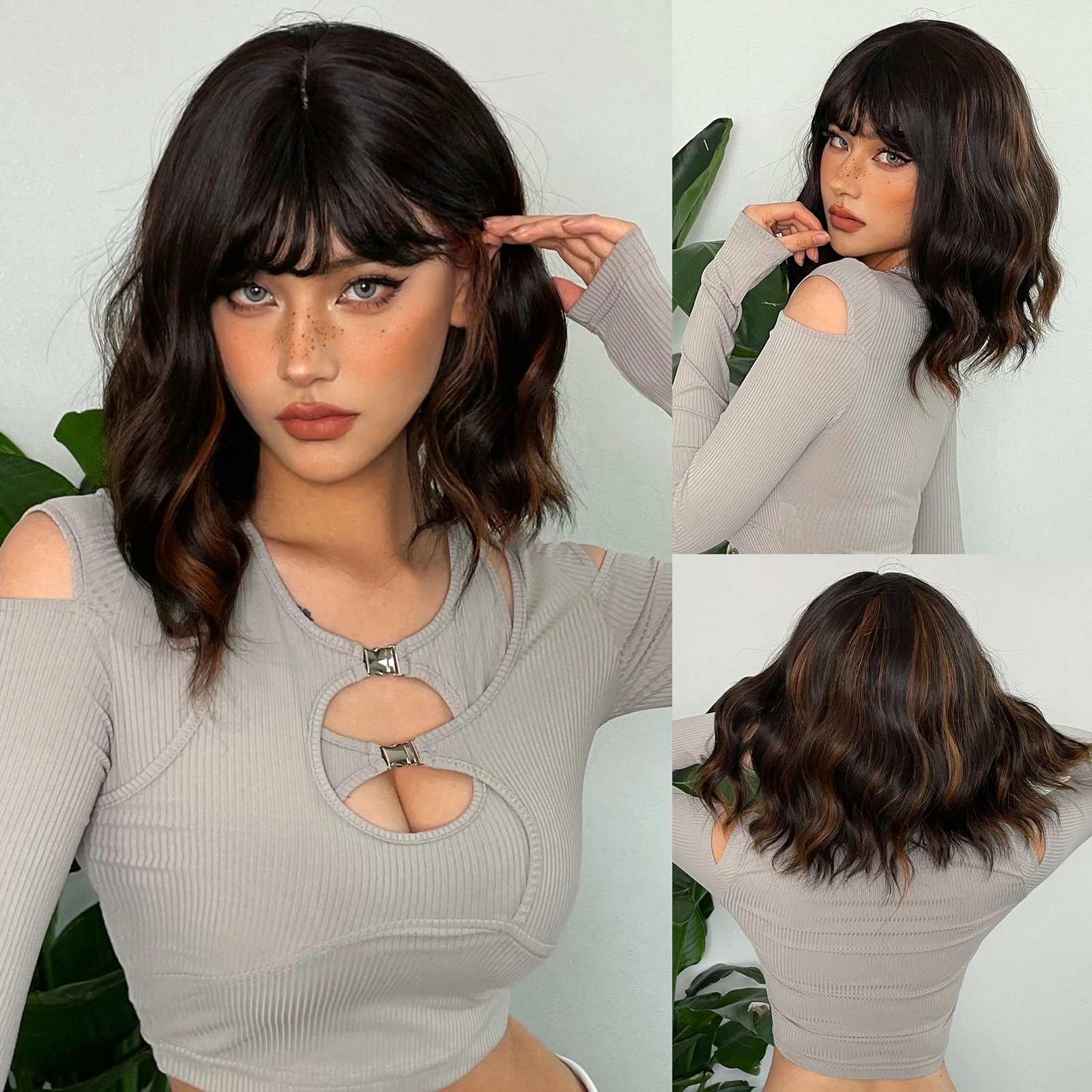 

Blonde Highlight Brown Short Curly Wig Synthetic Shoulder Long Hair Wigs with Bangs for Women Afro Cosplay Daily Heat Resistant