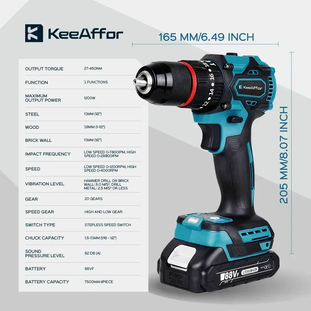 KEEAFFOR 1200W 450NM Torque Brushless Electric Impact Drill 20Gears Electric Screwdriver Cordless Tools For Makita 18v Battery