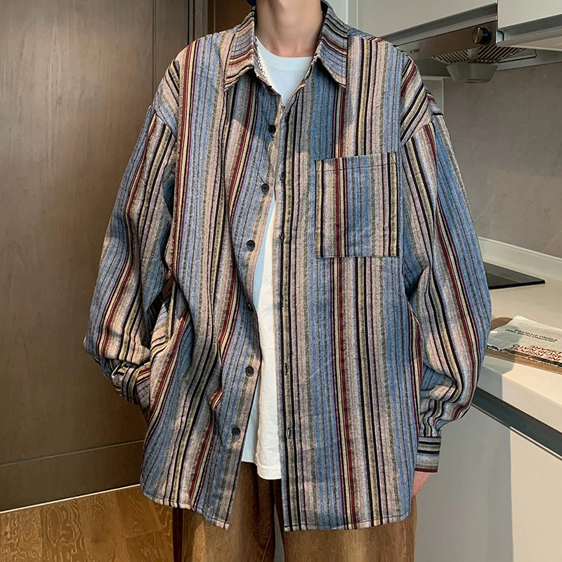 

Длинный свеч в полоску в стиле ретро, осенний модный BF Sle для мужчин и женщин, свободный крой, повседневный свободный подвесной воротник на пуговицах irt