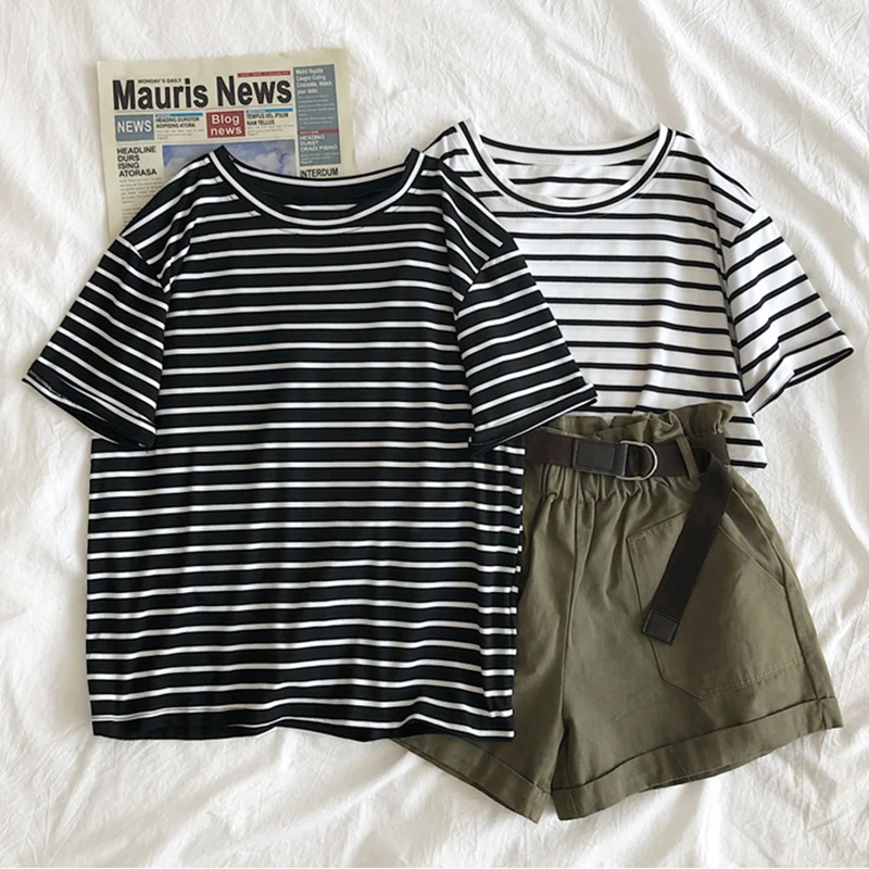 Women's Casual Punk T-irt Color Striped One-Ne Slim Fit Cotton 96% Other Material 4% Thin Seven-Sve Printed T-irt