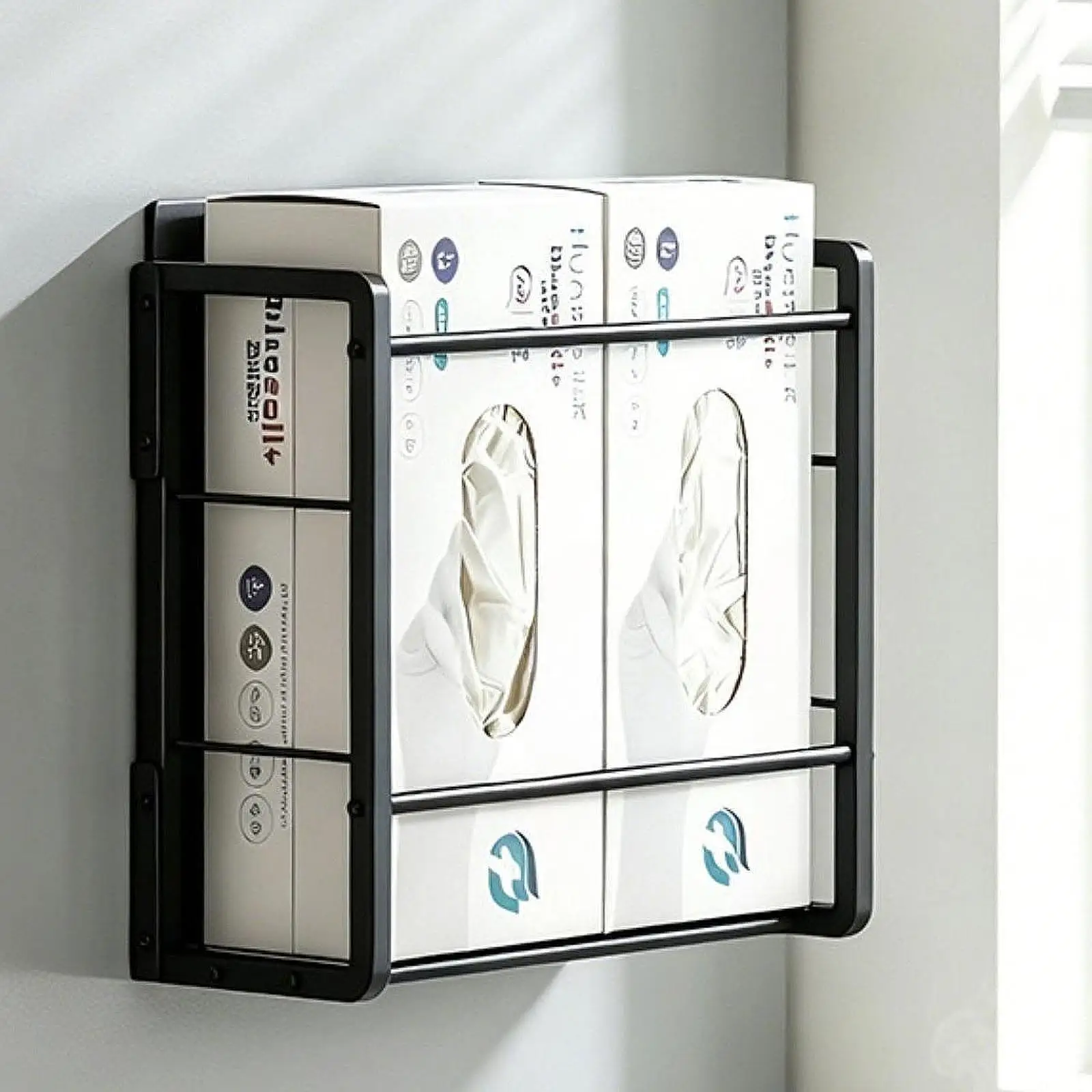 Image of Wandmontierter Handschuhspenderhalter aus schwarzem Stahl, Doppelbox-Organizer für Kühlschrankaufbewahrung und Laborgebrauch