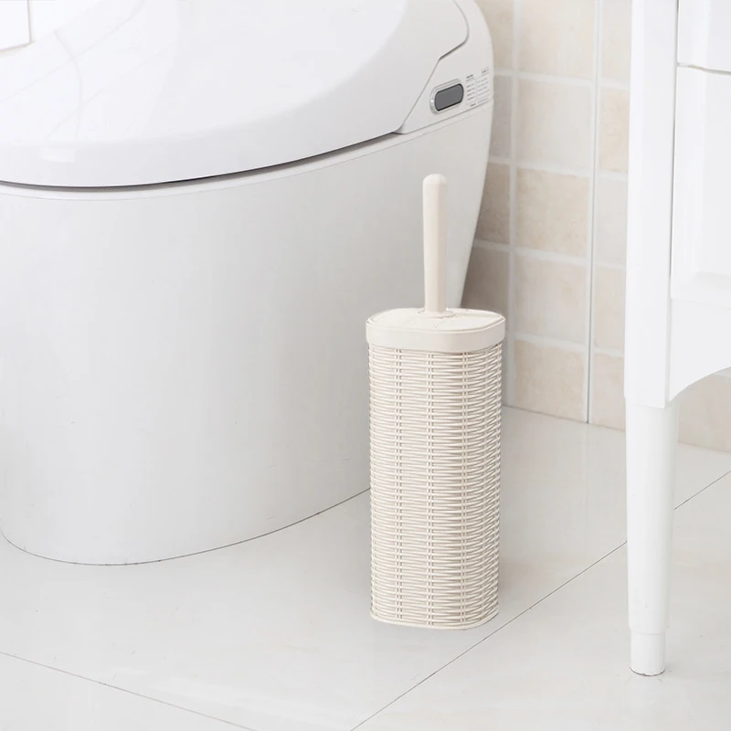 Decorative Bathroom Toilet Bowl Brush and Holder Set, Rattan Design Toilet Brush with Strong Bristles for Bathroom