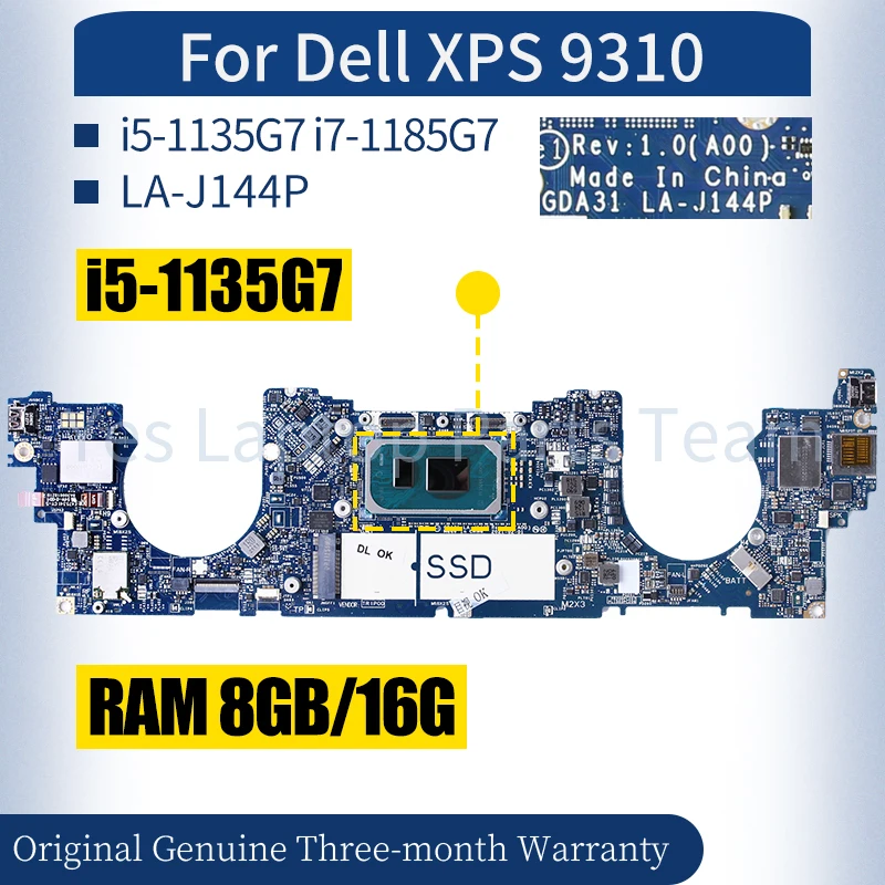 For Dell XPS 9310 Laptop Mainboard LA-J144P 08642J 07P9Y7 0782YH i5-1135G7 i7-1185G7 RAM 8GB 16G Notebook Motherboard 100％ Test