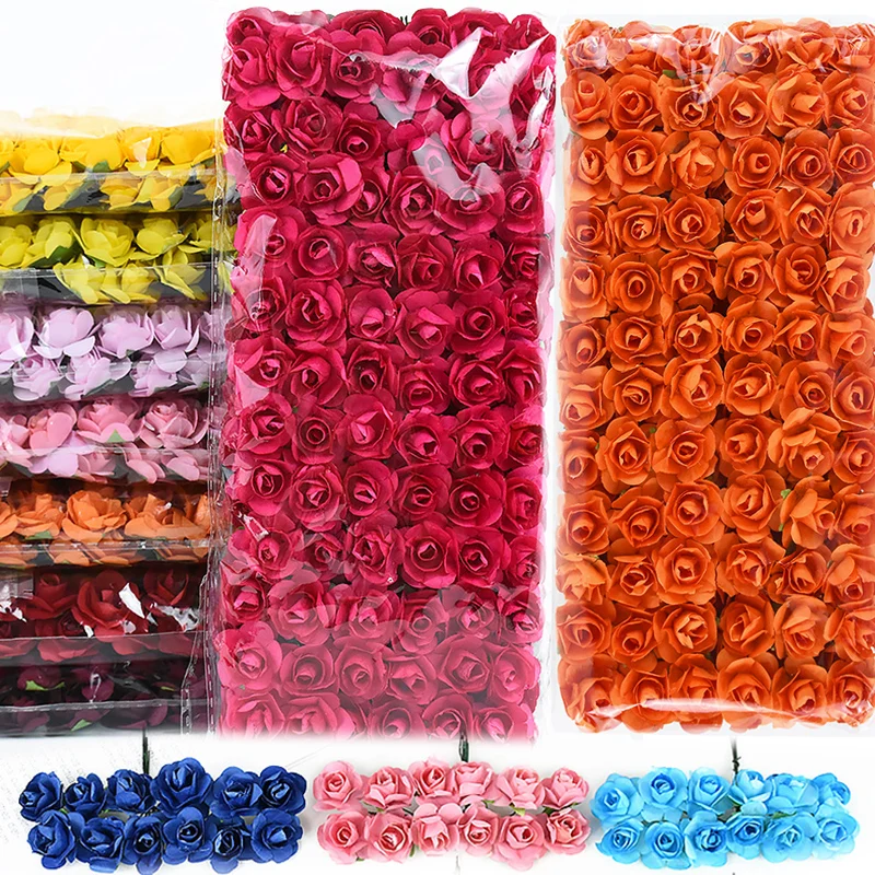 144pcs 2cm Artificial Mini Paper Flowers Head Fake Rose Bouquets For Wedding Home Decor DIY Christmas Wreath Scrapbooking Crafts
