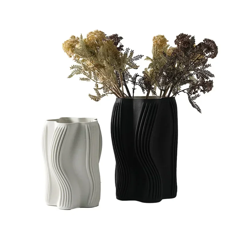 Simple and creative ceramic vase black and white striped home ornament model room soft flower arrangement jewelry