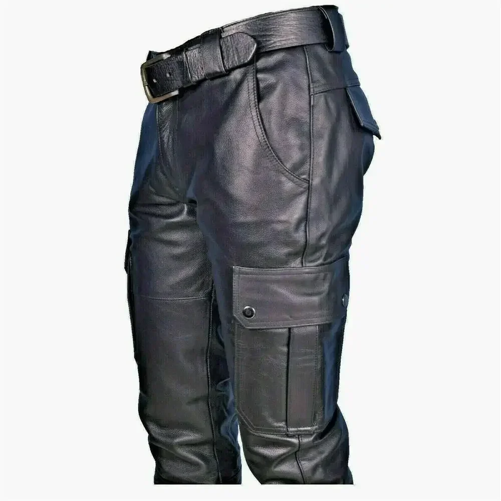 Motocicleta de couro dos homens calças com bolsos de carga, preto, PU calças, sem cinto, homens calças, tamanho grande S-5XL