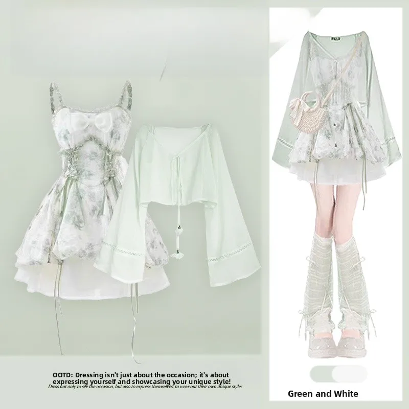 Summer  Style Women's Set Short Length Sun Protection Shirt with Korean Style Lace Trim  Knot Flower Bud Dress