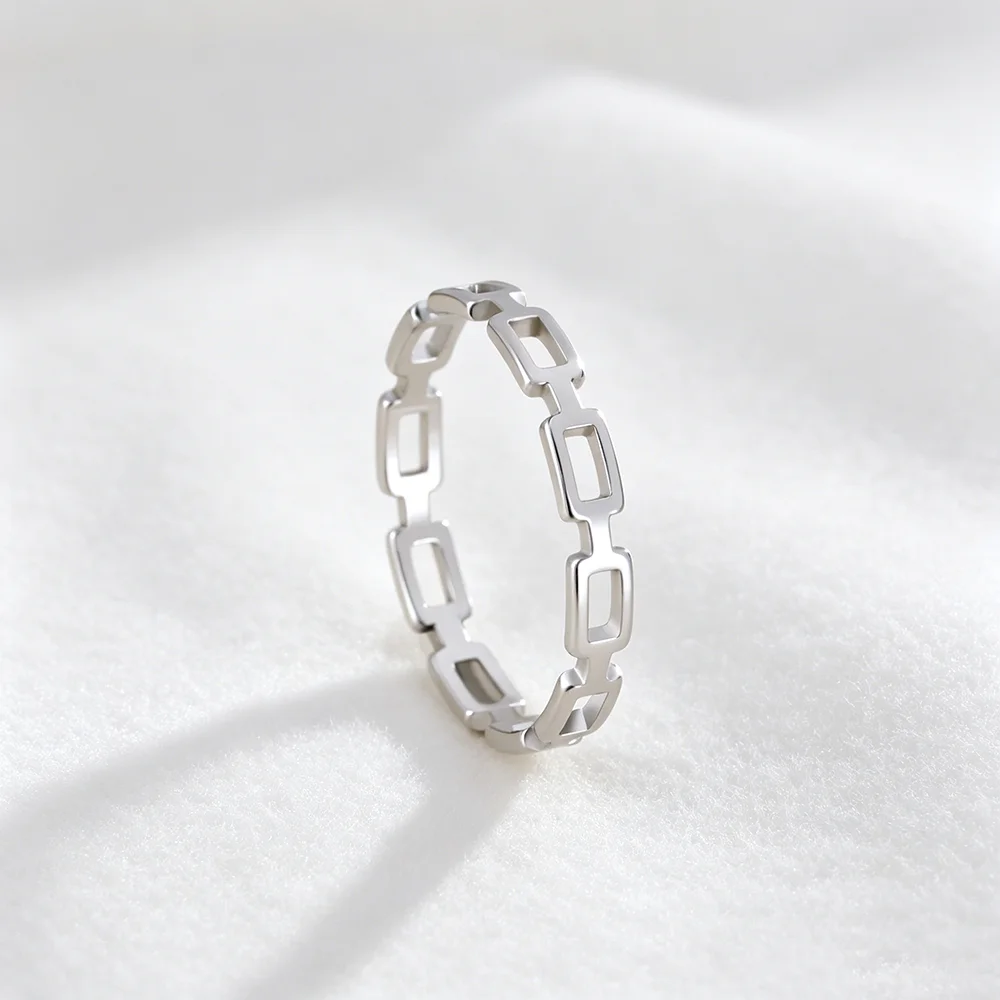 CoolTime Gold Color Rectangle Chain Ring Women Stainless Steel Simple Finger Rings Daily Wear Wedding Jewelry Gift For Her