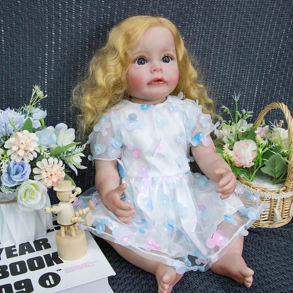 Muñeca Reborn Girl de vinilo de 22" - Pelo rubio rizado, ojos azules, vestido de princesa blanco, poseable con chupete/botella/crema de nacimiento, regalo