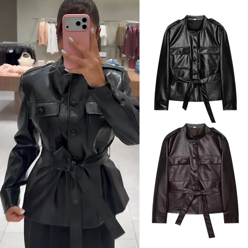 Women's Faux Leather Jacket, Stand Collar Belted Crop Coat with Chest Pockets, Casual Short Jacket for Fall