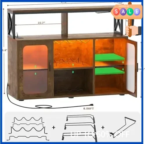 

Хит продаж! Горячие предложения! [Ограниченное предложение, распродажа!] Барный шкаф с розетками, шкаф для алкоголя со светодиодной подсветкой и держателями для стаканов