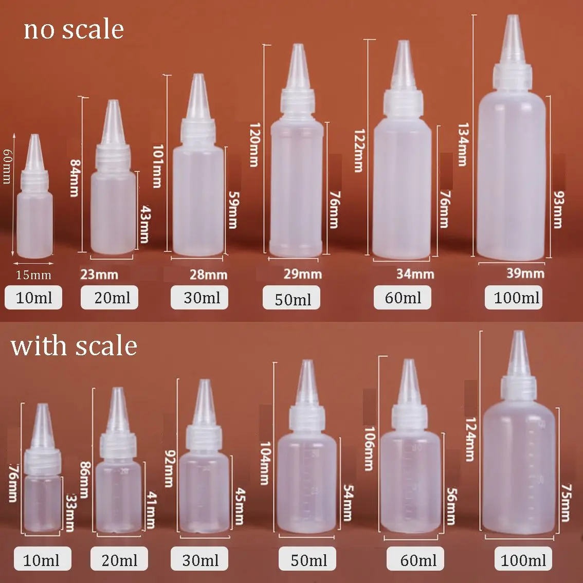 Botellas de plástico vacías con escala para solventes, envases de líquidos de tinta, 10/20/30/50/60/100ml, 10 unidades