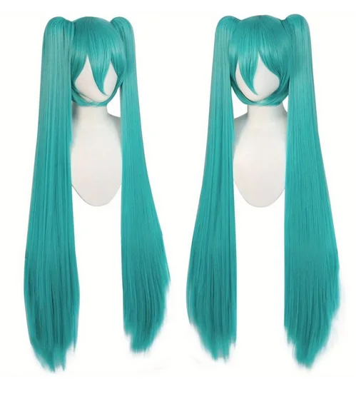 Long Green Wig with 2 Ponytails for Women Long Straight Wigs for Cosplay Wig Synthetic Hair for Halloween Christmas Party