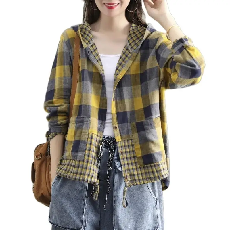 

Thin Women's Jackets Spring Summer Autumn Hooded Plaid Shirt Jacket 2023 New Cotton Hemp Casual Sunscreen Outerwear Tops Female