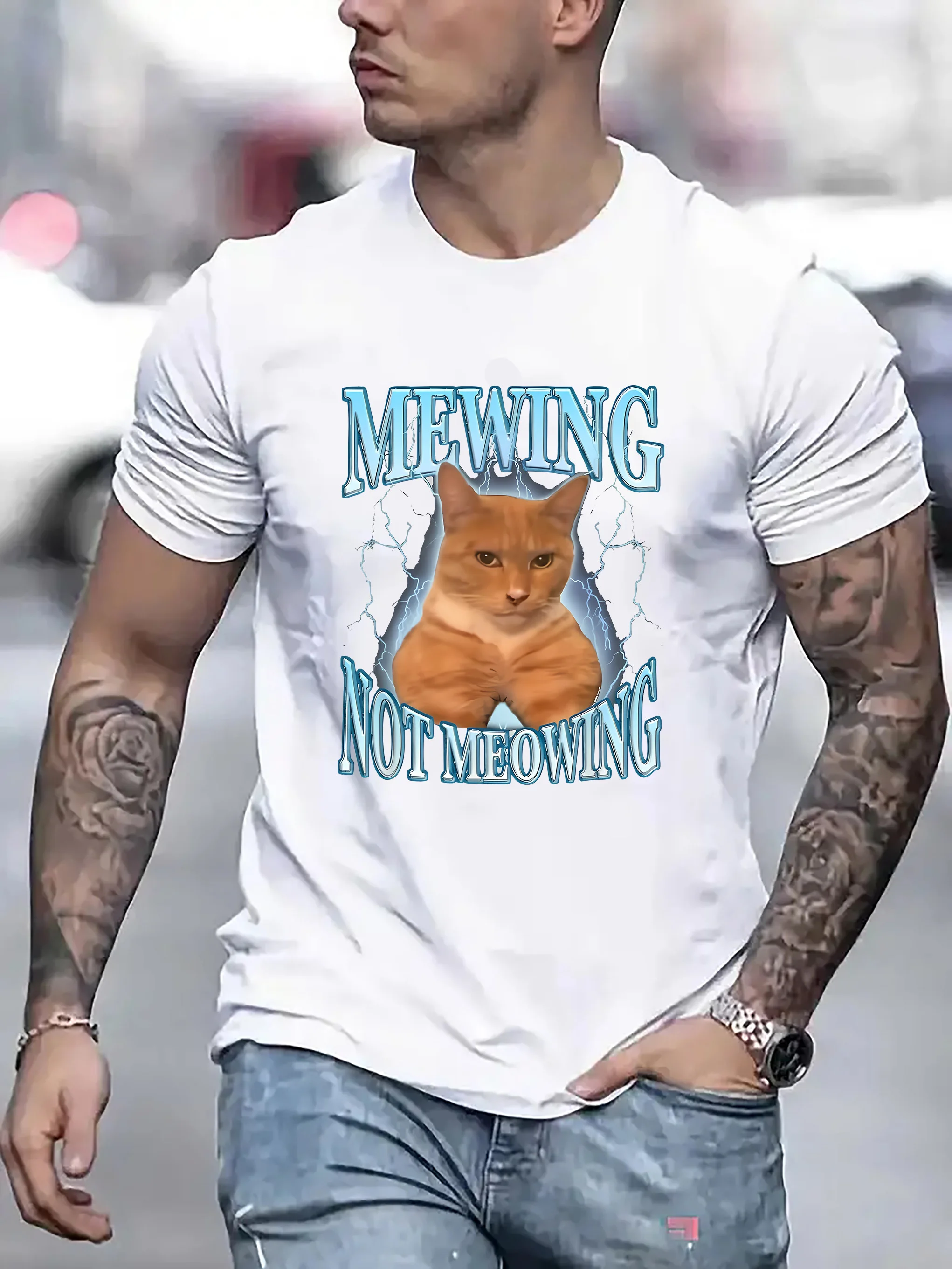 

Summer Light Cat Print Crew Neck T-Shirt - Cotton Summer Tee Shirt for Male Unisex Streetwear Tops 2026 Graphic Pullovers