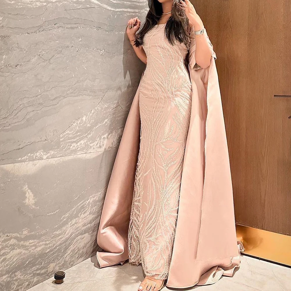

Exquisite Sequin Straight Detachable Sleeve Crystal Evening Dress Floor Length Strapless Panel Train فساتين سهره نسائيه فخمة