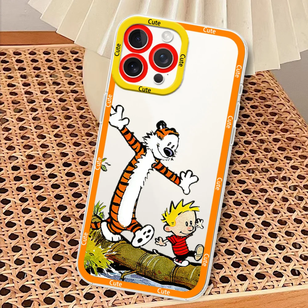 Cartoon C-Calvin and H-Hobbes Phone Case for iPhone 12 11 13 14 15 16 Max Pro Plus Transparent Bezel Cover