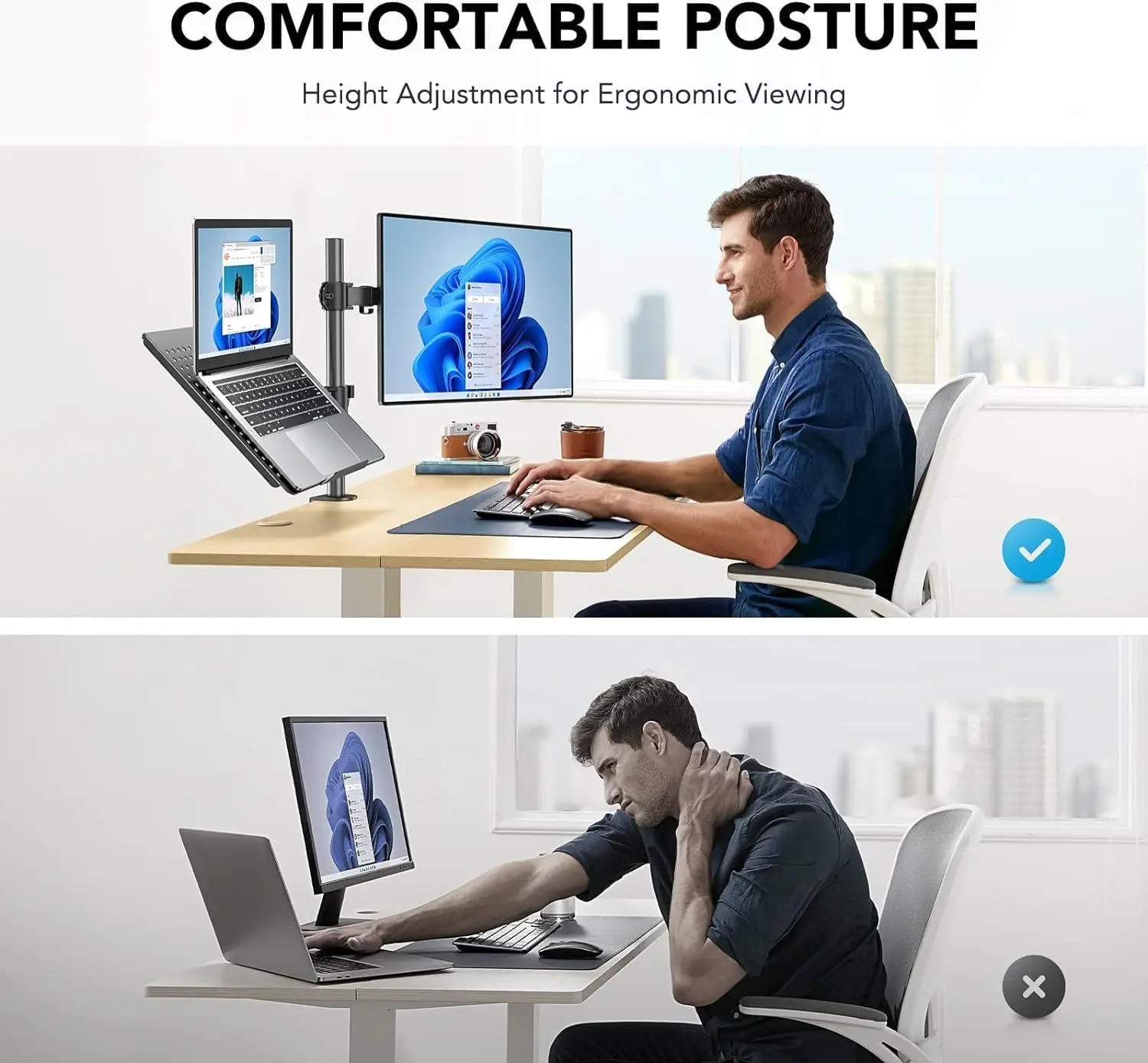 Adjustable Monitor Arm with Laptop Tray, Single Desk Mount for 13-32" VESA Monitors up to 22 lbs, 14"x12" Laptop Tray view 5