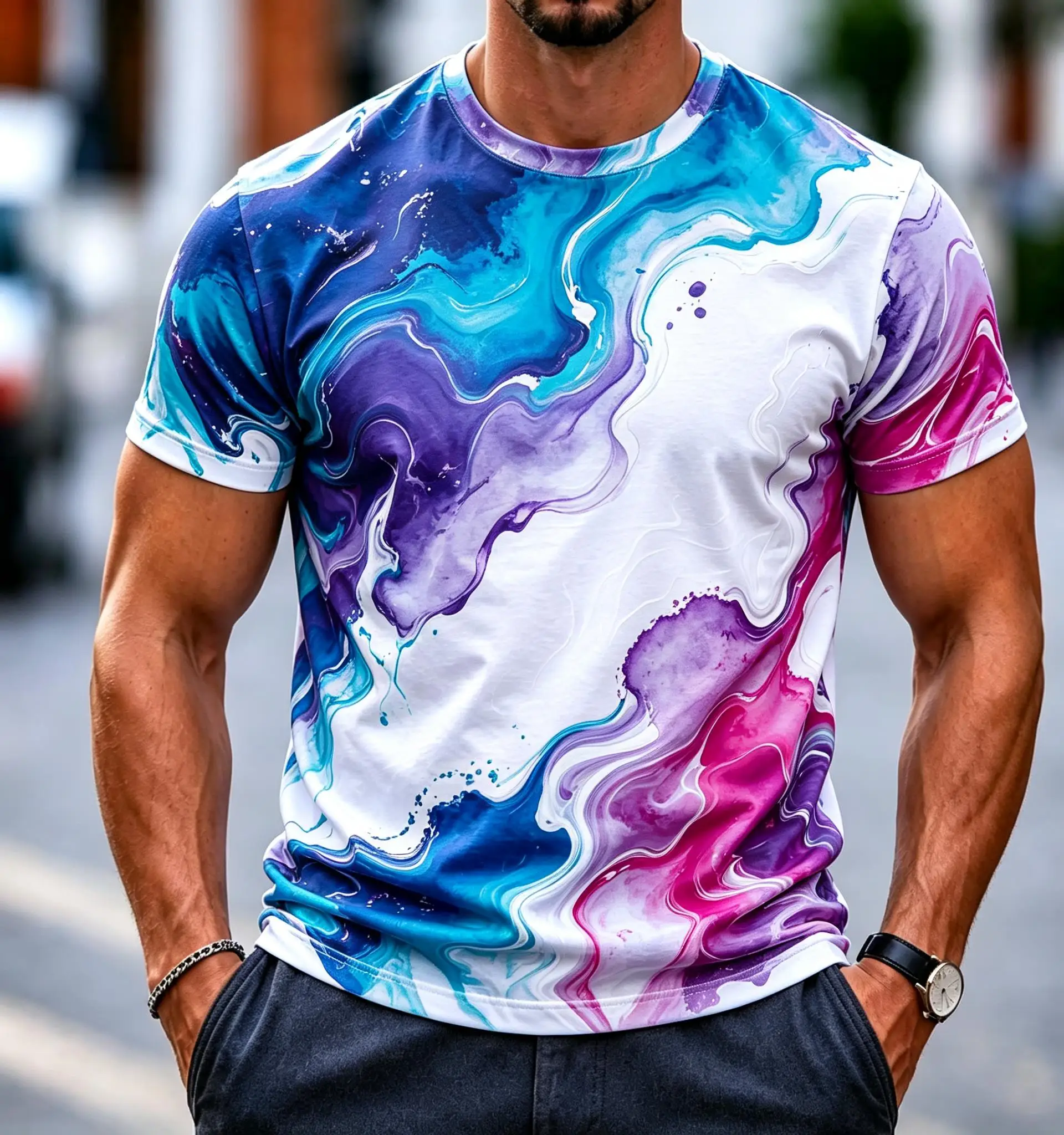 Men Crew Neck Short Sleeve Tee, Colorful Fluid Marbling Pattern Allover Print Summer Top