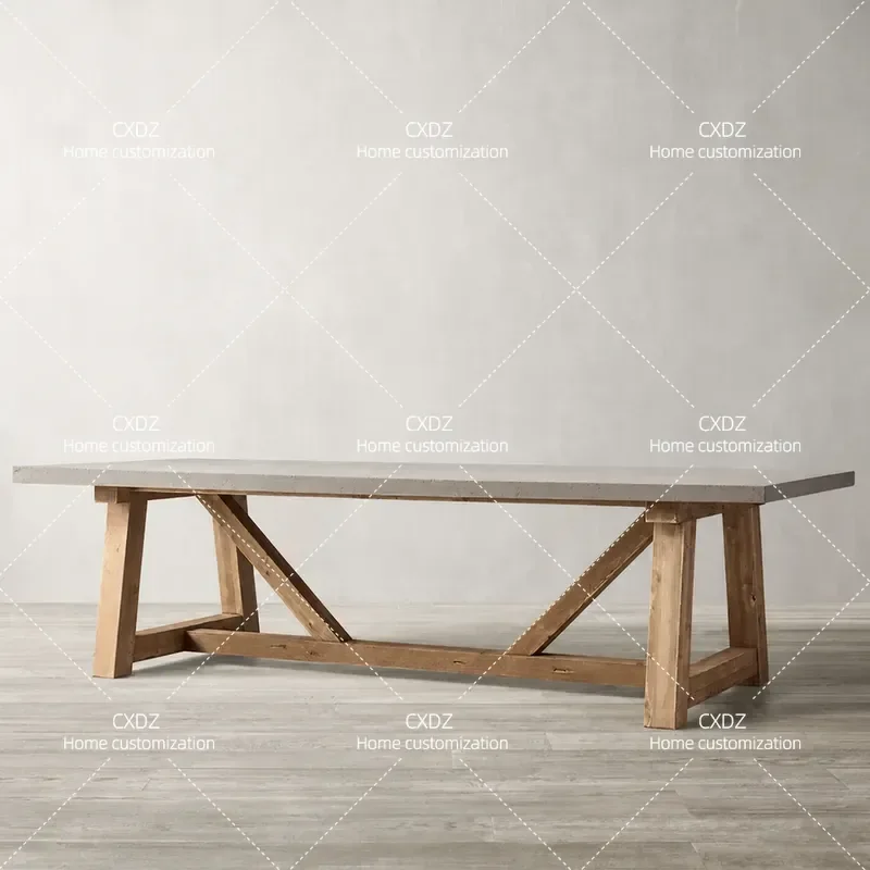 American Simple Wabi Style Dining Table All Solid Wood Minimalist Cement Gray Retro Rectangular Desk Workbench