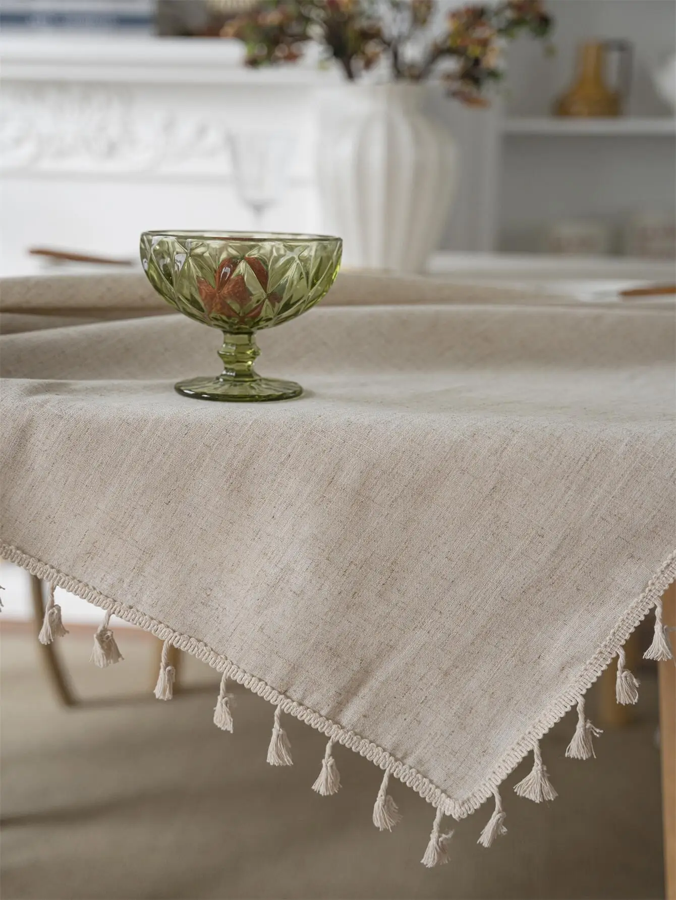 Four seasons universal linen solid color rectangular tablecloth Beige fringe Vintage farmhouse wedding decoration kitchen table