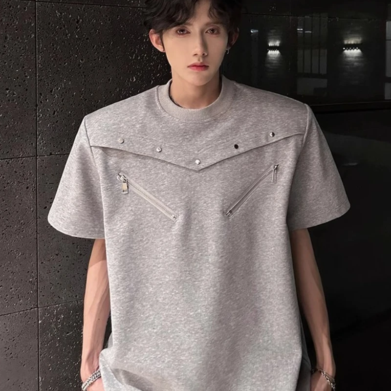 Summer Shoulder Pad Design T-shirts Men Short Sleeve Round Neck Loose T-shirt Retro High Street Social Hip Hop Tee Tops 2025