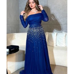 Customized Elegant Royal Blue Women Prom Party Dress 2024 Off Shoulder A Line Long Sleeves Tulle Evening Formal Gowns Dubai Robe