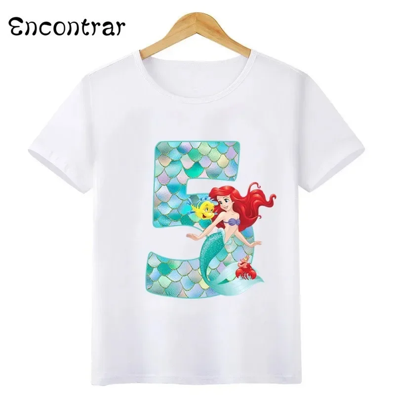 Cotton Princess Mermaid Graphic Girls Clothes Kids T Shirt Age 1 2 3 4 5 6 7 8 9 Years Birthday Number Bow Baby T-Shirts