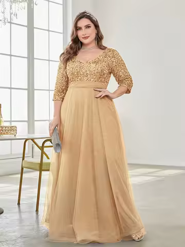 Plus Size Luxury Floor Length V-Neck Evening Dress 2025 Women Elegant Party Maxi Dress Sequin Short Sleeves Prom Cocktail Gown