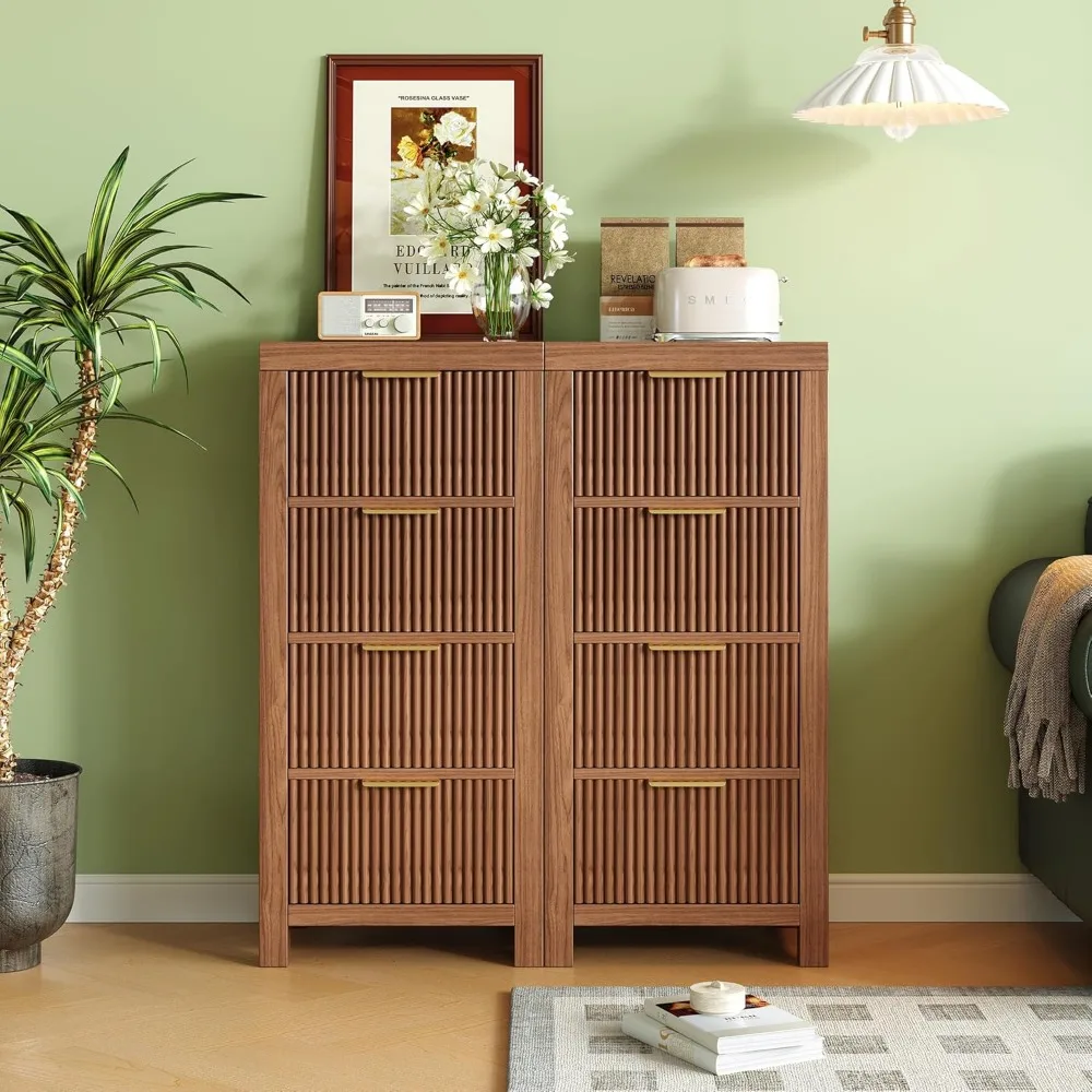 미드 센추리 모던 스타일의 높은 나무 서랍장(4개의 넓은 서랍), 현관 수납장(매끄러운 금속 손잡이), 침실 옷장