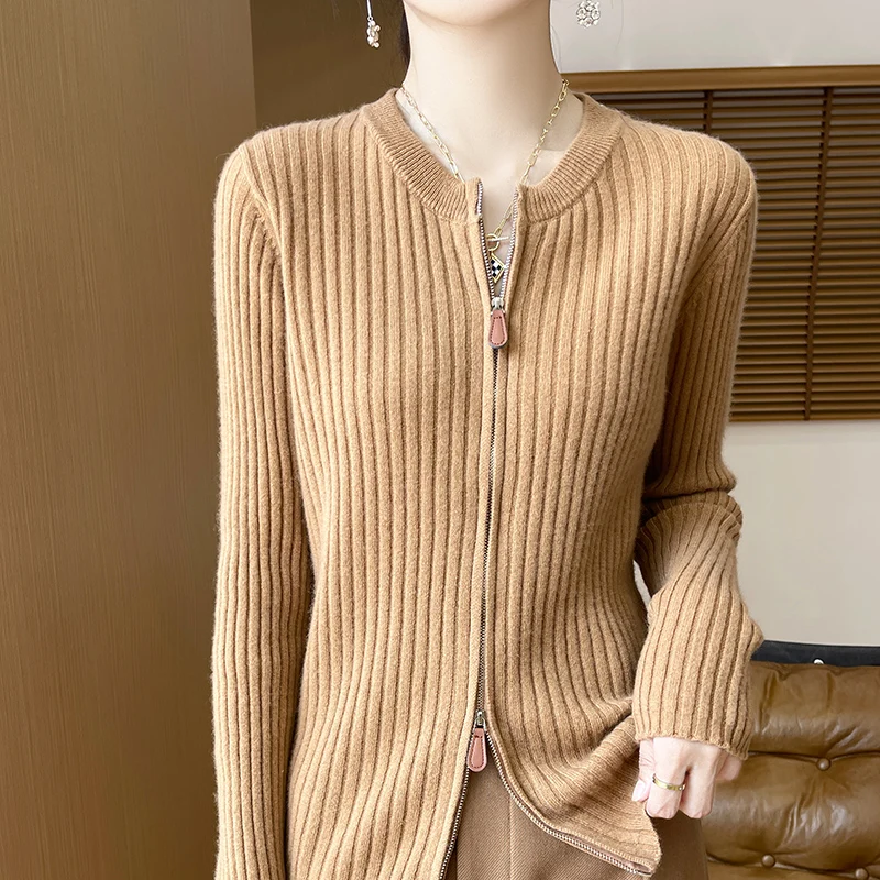 Women\'s Cardigan Autumn/Winter 100% Pure Wool Sweater Thickened Casual Zipper Knitted Clothes Round Neck Fit Tops Basic Blouse