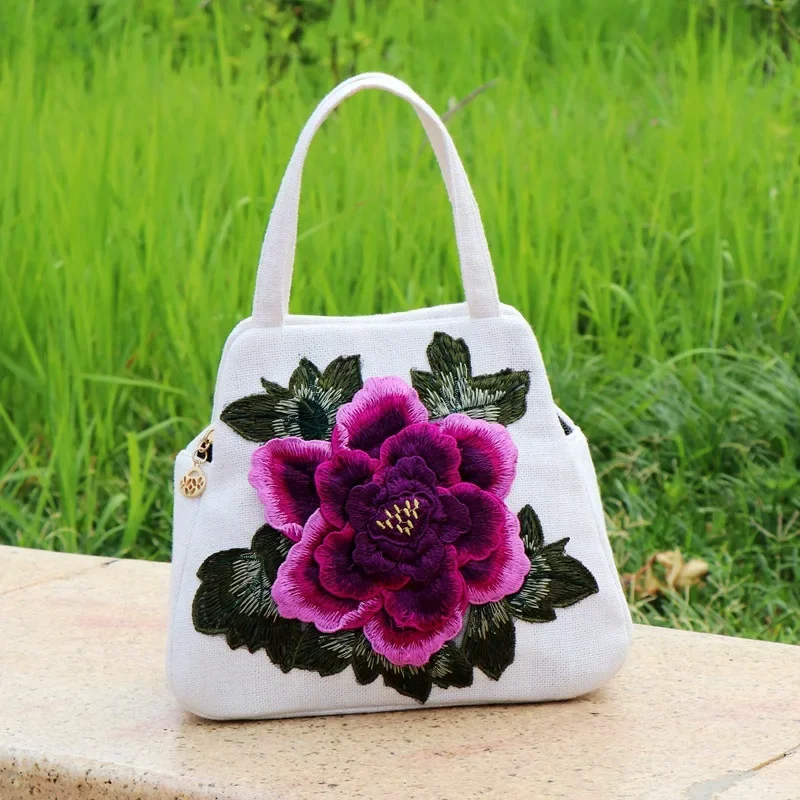 Ethnic Style Embroidered Flower Bag Canvas Casual Bag Handbag Embroidered Three-dimensional Flower Bag Handbag